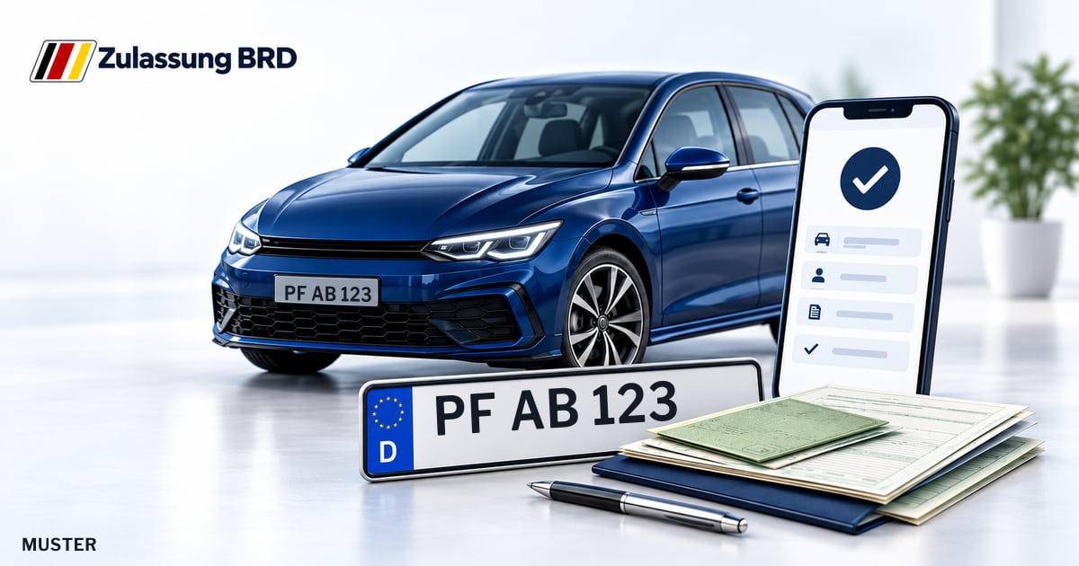 Online Fahrzeugzulassung in Niefern-Öschelbronn: Musterkennzeichen PF AB 123, Auto und Fahrzeugpapiere und Smartphone. Illustration mit Logo von Zulassung BRD.